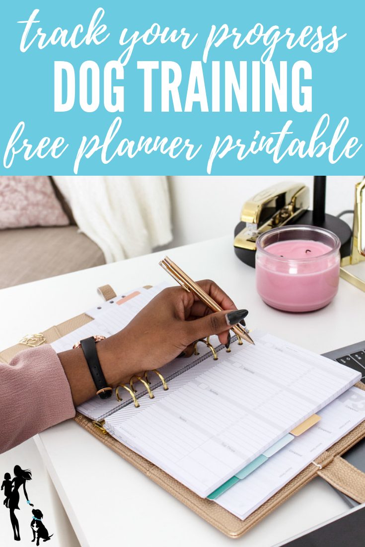A Black woman sits off to the side of the camera. Her hand has long, dark gray painted nails and she wears a black and gold watch. In her hand she holds a gold pen and is taking notes in  a planner. Her desk includes a gold stapler and a pink candle. The text overlay reads: Track your progress: Dog training free planner printable