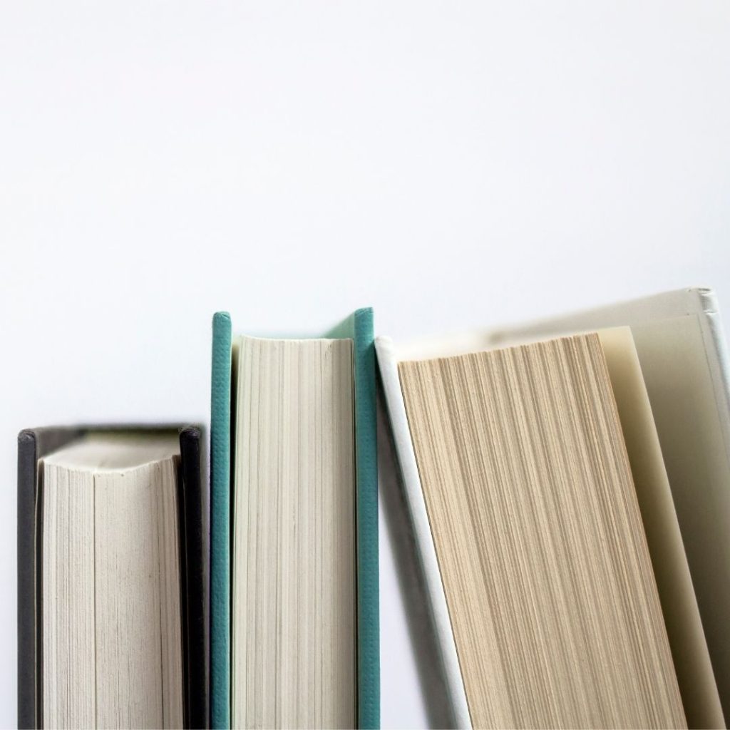 A stack of three books lean against one another. The spines are facing away so the titles can't be seen, but the covers are brown, blue, and white. 