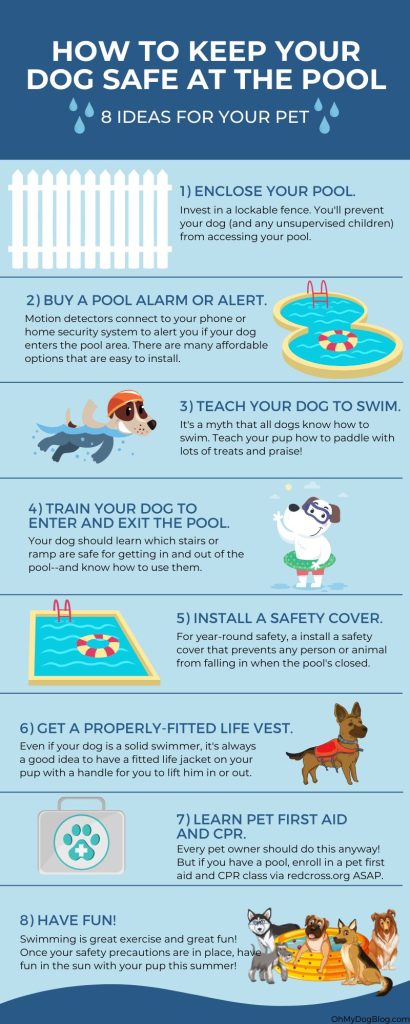 A vertical infographic in various shades of blue. The headline reads "how to keep your dog safe at the pool: 8 ideas for your pet." The text reads:
1) enclose your pool. Invest in a lockable fence. You'll prevent your dog (and any unsupervised children) from accessing your pool. 
2) buy a pool alarm or alert. Motion detectors connect to your phone or home security system to alert you if your dog enters the pool area. There are many affordable options that are easy to install. 
3) teach your dog to swim. It's a myth that all dogs know how to swim. Teach your pup how to paddle with lots of treats and praise!
4) train your dog to enter and exit the pool. Your dog must learn which stairs or ramp are safe for getting in and out of the pool--and know how to use them. 
5) install a safety cover. For year-round safety, install a safety cover that prevents any person or animal from falling in when the pool's closed.
6) Get a properly-fitted life vest. Even if your dog is a solid swimmer, it's always a good idea to have a fitted life jacket on your pup with a handle for you to lift him in or out.
7) learn pet first aid and cpr. Every pet owner should do this anyway! But if you have a pool, enroll in a pet first aid and CPR class via redcross.org ASAP. 
8) have fun! Swimming is great exercise and great fun! Once your safety precautions are in place, have  fun in the sun with your pup this summer!