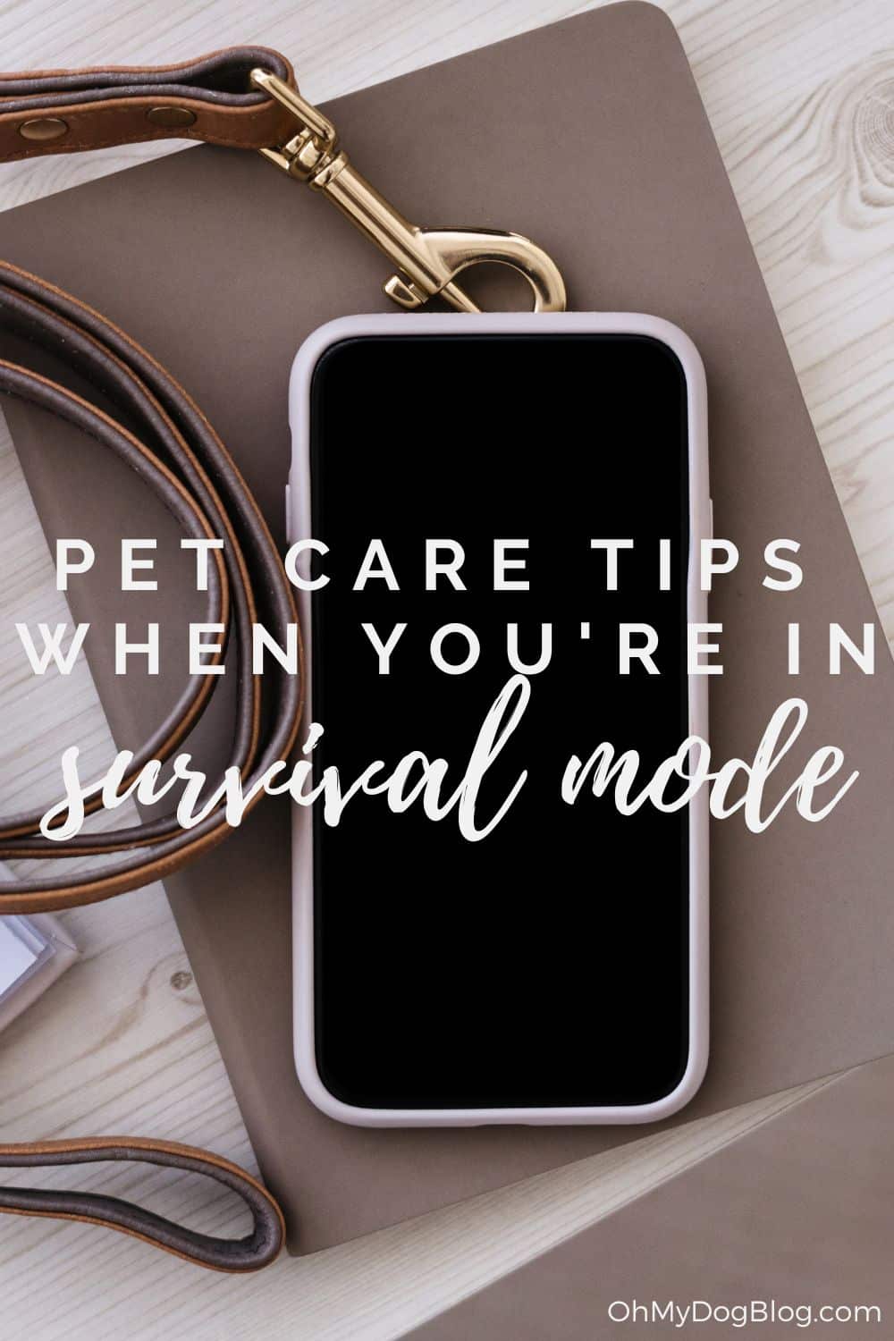 A brown journal sits on top of a light-colored wooden table. On top of the journal sits a turned-off cellphone in a rose-colored case. Next to the phone is a leather leash with a gold clip. The text overlay reads: Pet care tips when you're in survival mode.