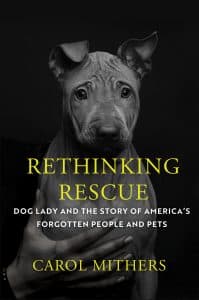 The cover of Rethinking Rescue features a black and white closeup of a pit bull puppy with a wrinkled face and one ear tipped forward. A woman's hand is holding the puppy up by the chest.